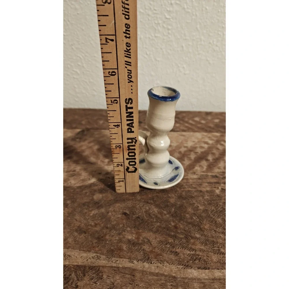 Williamsburg Pottery  Candlestick Holder Salt Glazed Cobalt Blue Leaf Gray
